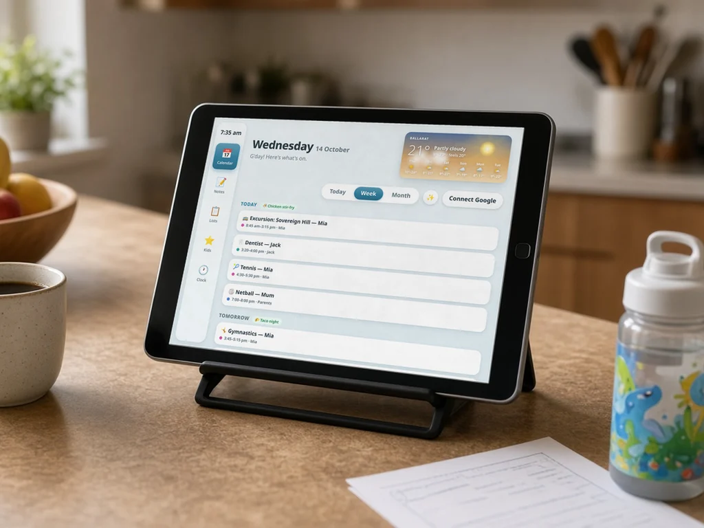 An older iPad on a stand on the kitchen bench showing the family's week in the Hub's blue Ocean theme