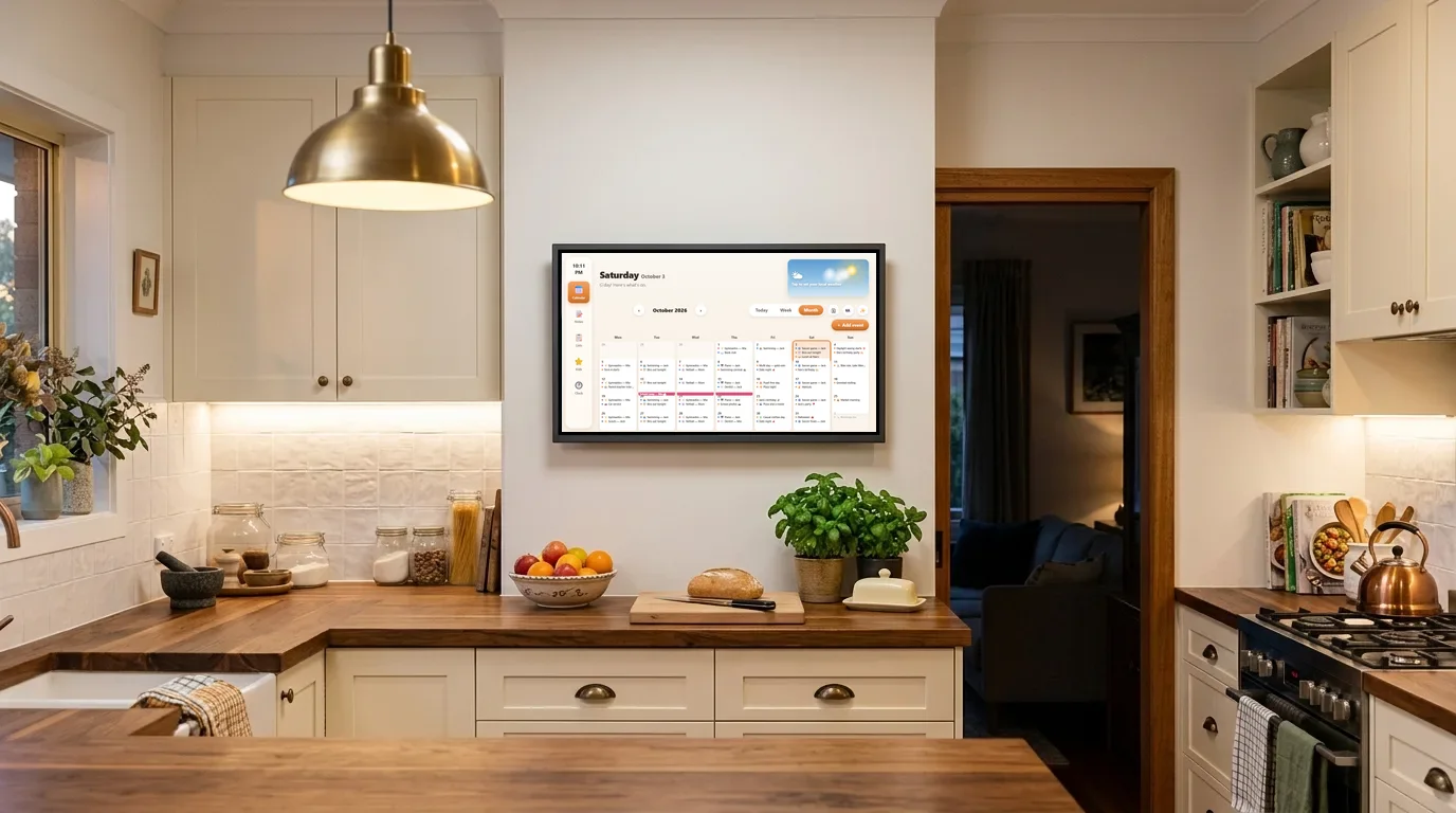 Family Home Hub in a kitchen, showing the family calendar for the month