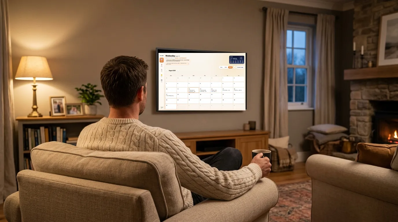 A dad with a coffee checking the family month calendar on the living room screen