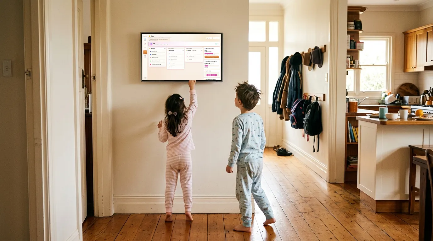 Two kids in pyjamas tapping off their morning routine on the hub