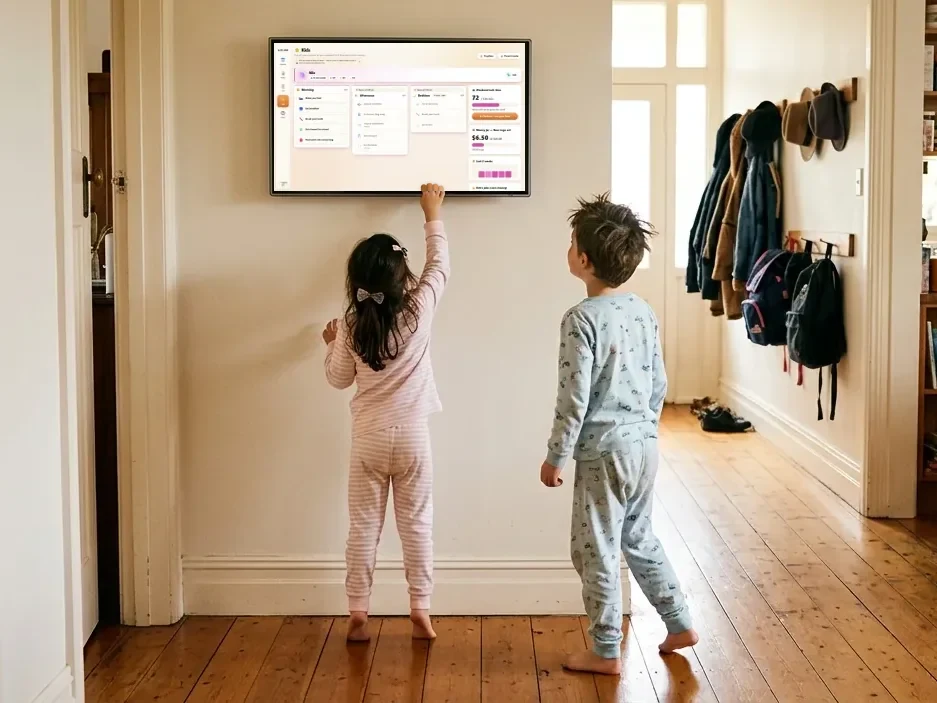 Two kids in pyjamas tapping off their morning routine on the Hub on the hallway wall
