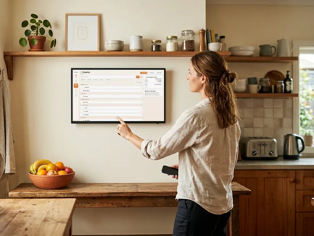 A mum in the kitchen tapping the shopping list on the wall-mounted Hub, phone in her other hand