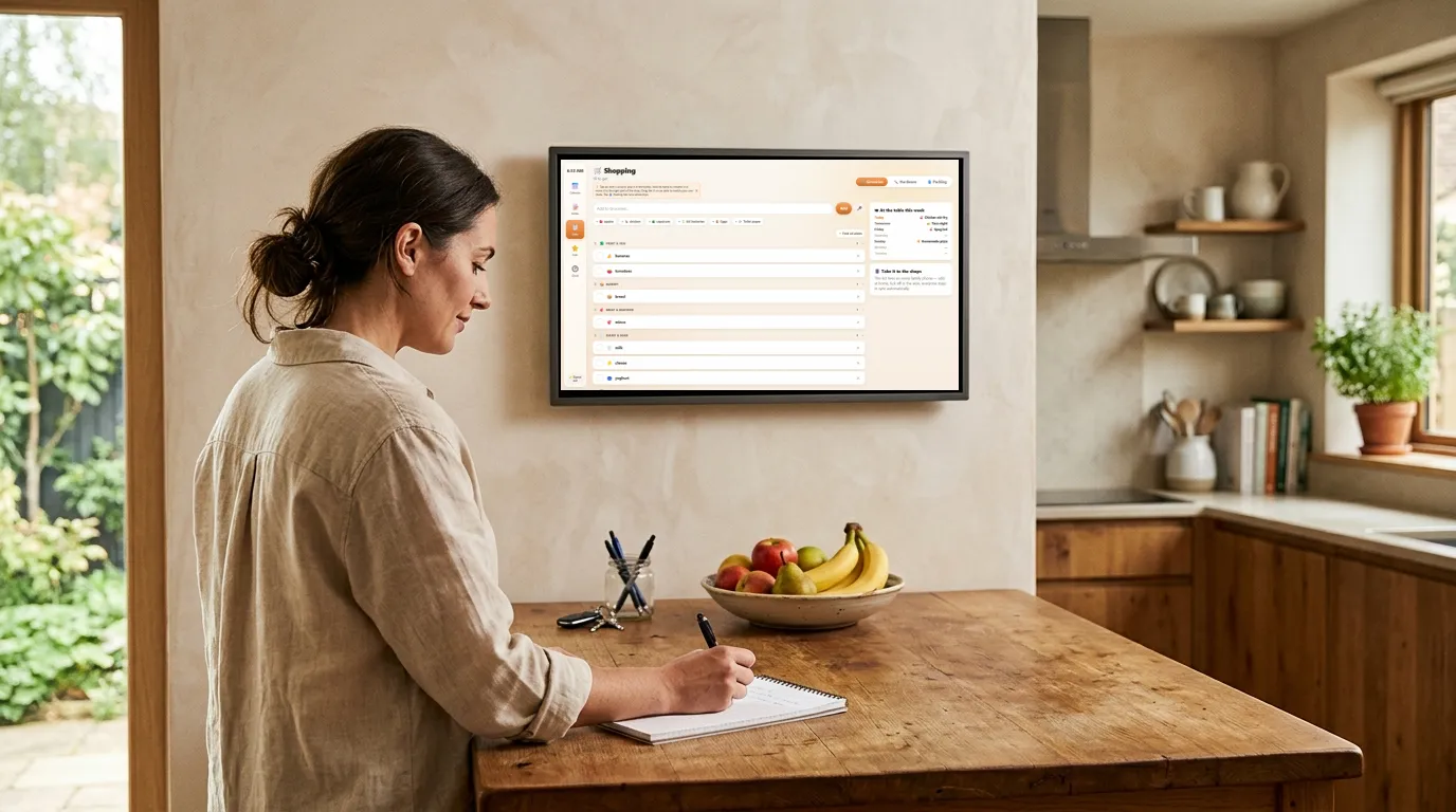 A mum at the kitchen bench with the shopping list on the hub beside her