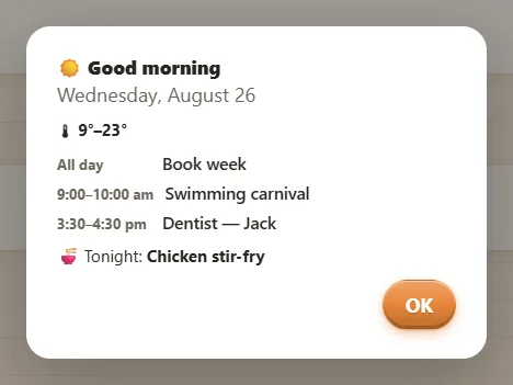 The morning brief card listing today's events, weather and dinner