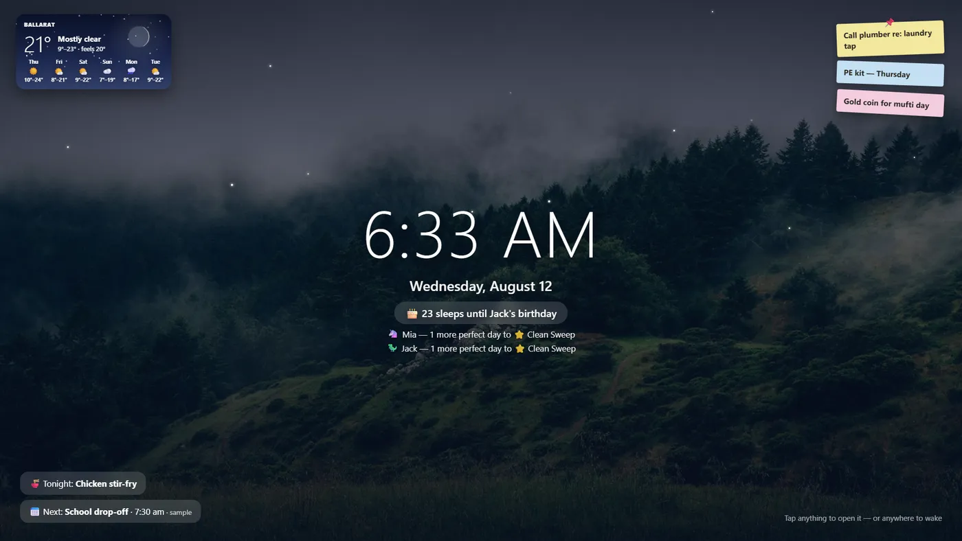 The clock screen with weather station, countdowns and family photos