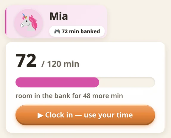 Mia’s profile on the Hub with 72 minutes banked, and her tech-time card: 72 of 120 minutes, and a Clock in: use your time button