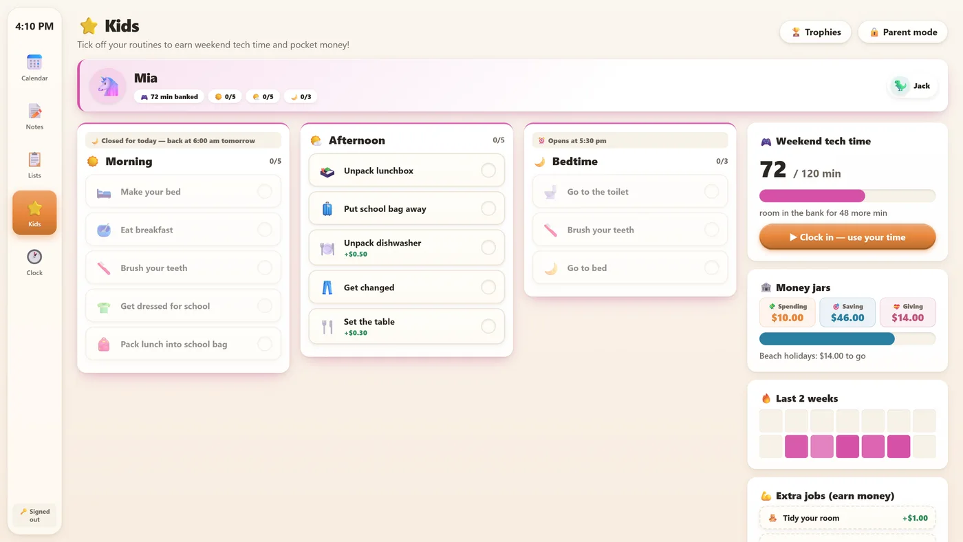 Mia's Kids screen: morning, afternoon and bedtime routines, weekend tech time, the Spending, Saving and Giving jars, and extra jobs