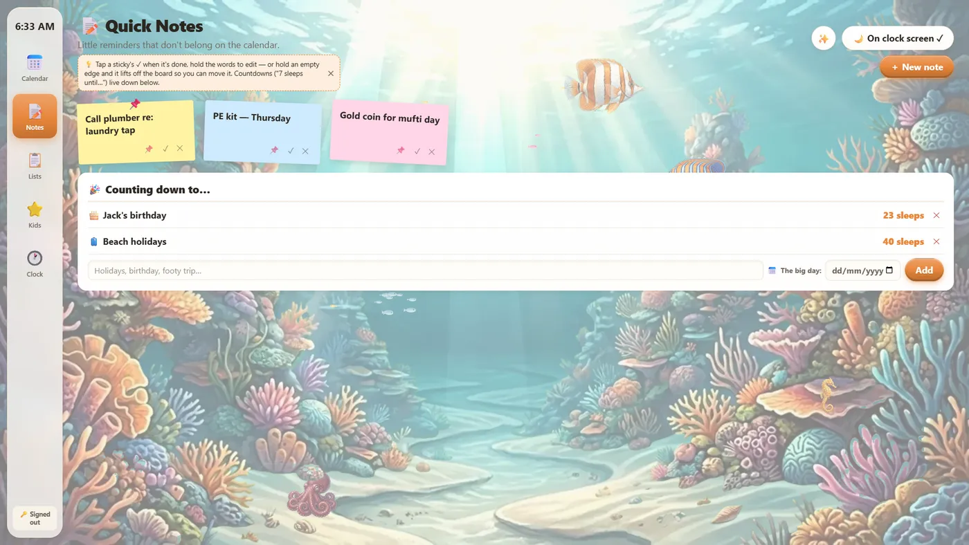 The notes corkboard over a living underwater scene