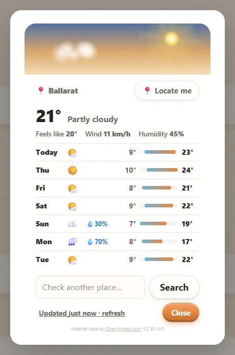 The animated weather station showing the week's forecast