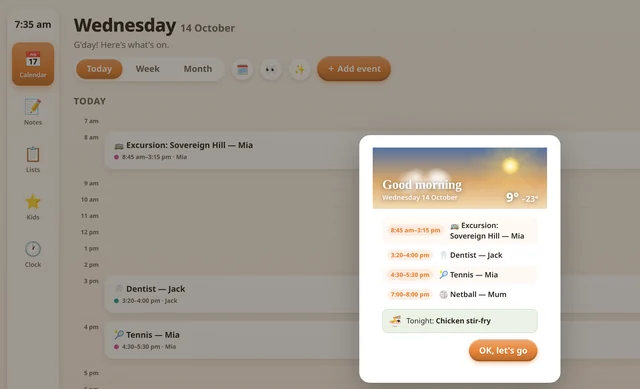The Hub opened at 7:35 am on Wednesday 14 October, with the good-morning card waiting over the day’s calendar