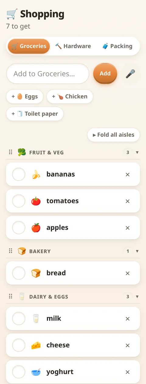 The Groceries list on a phone, sorted by aisle, with milk now in Dairy and eggs alongside cheese and yoghurt