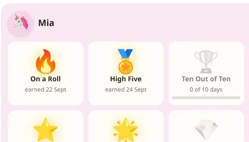 Mia’s trophy room: On a Roll, High Five, Clean Sweep and Star Collector earned